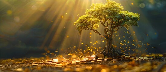 Gold Coin Money Tree Basking in Sunlight, To convey a message of financial growth, abundance, and education through a visually striking and memorable