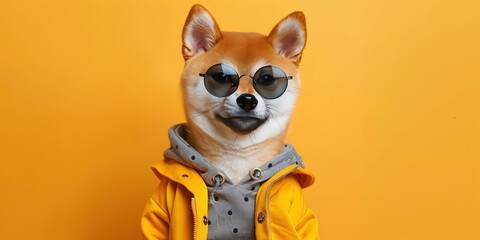 Shiba Inu doge wearing sunglasses and trendy clothing on yellow background - obrazy, fototapety, plakaty