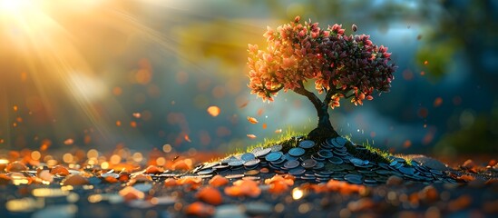 A Strong Tree Blooming Over a Hill of Assorted Coins in Warm Light, To convey the concept of financial growth and abundance through the symbolism of - obrazy, fototapety, plakaty