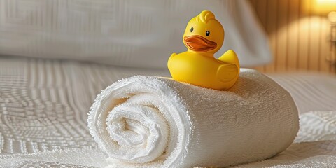 Yellow rubber ducky on a towel - obrazy, fototapety, plakaty