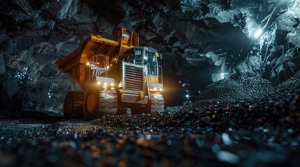 Modern Excavator With Illuminated Headlights Placed On Dirty Soil In Underground Mine During Mining Work