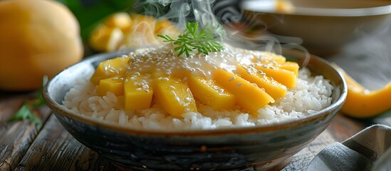 Steaming Sticky Rice with Fresh Mango Slices in Asian Aesthetic Bowl - obrazy, fototapety, plakaty