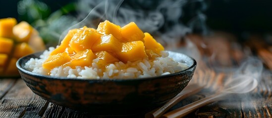Steaming Sticky Rice with Fresh Mango Cubes in Wooden Bowl Tropical Dessert Indulgence - obrazy, fototapety, plakaty
