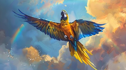 blue and yellow macaw and rainbow in the sky generated by ai - Powered by Adobe