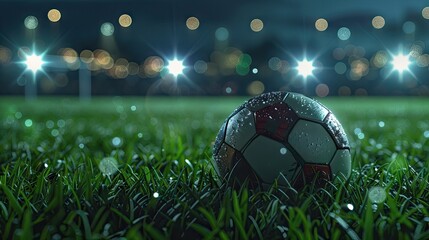 Modern Soccer Ball Lying On Green Grass On Stadium At Night.
