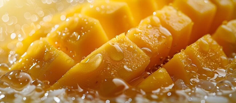 Vibrant yellow mango slices with water droplets, To showcase the freshness and vibrant colors of mango slices, appealing to those looking for