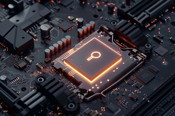 Fototapeta premium Data protection: CPU secured by luminous lock symbol