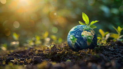 World environment day concept: earth day , 22 april , globe of earth with emerging plant , grow trees concept 