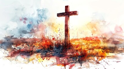 Watercolor art of wooden cross. Aquarelle splashes. Concept of rebirth, Easter celebration, resurrection, peace, hope, grave, mourning, natural burial, remembrance. Copy space