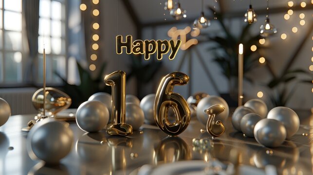 Happy birthday, happy 16: cheerful text celebrating the joyous occasion of turning sixteen, a milestone filled with happiness and excitement