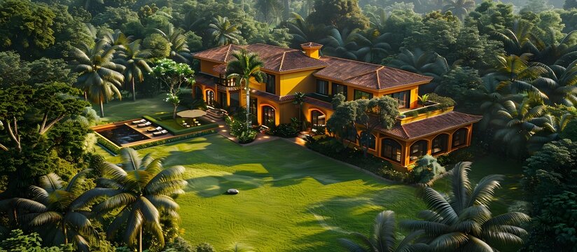 Aerial View of Indian Luxury Mansion in Lush Greenery, To provide a high-quality stock photo of an Indian luxury mansion in a stunning natural