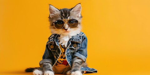 Cat wearing sunglasses and trendy fashionable jacket on solid background with copy space - obrazy, fototapety, plakaty