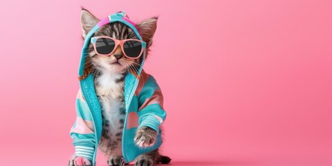 Cat wearing sunglasses and trendy fashionable jacket on solid background with copy space