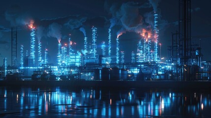 Oil And Gas Power Plant Refinery With Storage Tanks Facility For Oil Production Or Petrochemical Factory Infrastructure And Demand Price Chart Concepts As Wide Banner Hologram Hud Datum Data