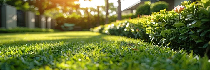 Fotobehang Well-manicured lawn of grass in the yard of a residential home - landscaping concept with shrubs and bushes outdoors  © Brian
