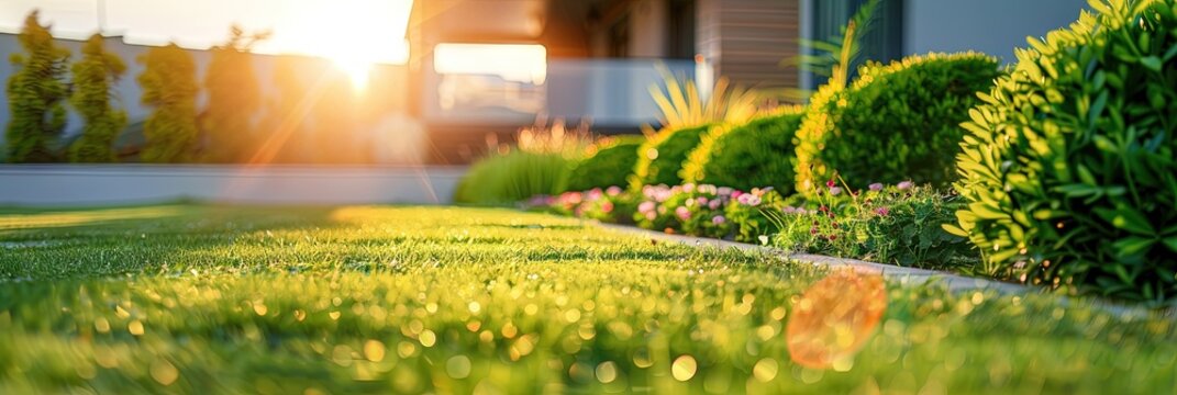 Well-manicured lawn of grass in the yard of a residential home - landscaping concept with shrubs and bushes outdoors 