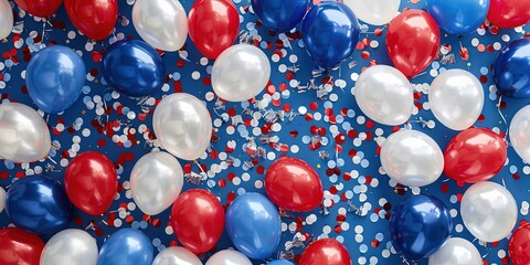 Patriotic red, white, and blue balloons with confetti to celebrate freedom and independence  - obrazy, fototapety, plakaty