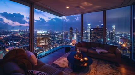 beautiful view of downtown Los Angeles from a luxury apartment at night or sunset - obrazy, fototapety, plakaty