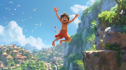 With a playful leap, the animated character jumps from one prop to another, imagining each as a stepping stone in a grand adventure. - obrazy, fototapety, plakaty