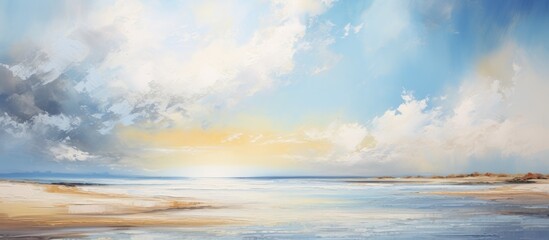 Obraz premium A painting depicting a beach scene with waves crashing on the shore, sand stretching into the distance, and a sky filled with fluffy clouds.