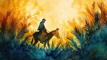 Palm Sunday. Christ'S Triumphal Entry Into Jerusalem. Silhouette Of A Man Riding A Donkey On A Background Of Palm Trees. Watercolor Illustration - obrazy, fototapety, plakaty