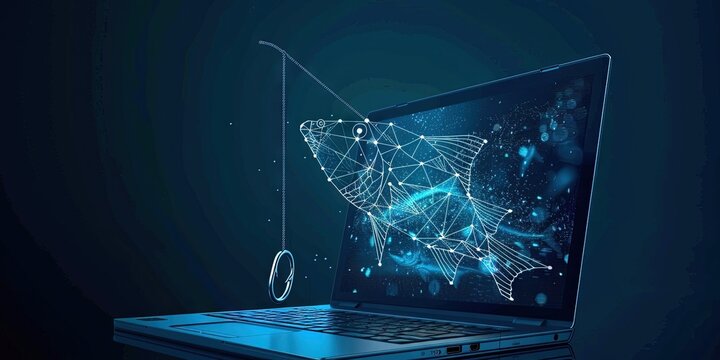 Wireframe hologram fish in computer laptop screen for phishing concept