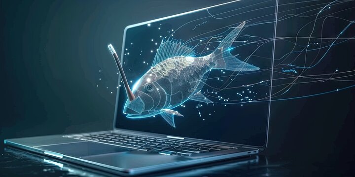 Wireframe hologram fish in computer laptop screen for phishing concept