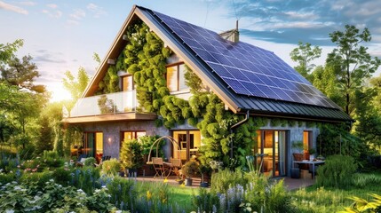 Panel Solar Energy Photovoltaic Power Roof Sun Home Cell System Green House Eco Industry. Solar Energy Building Panel Future Electric Engineer Technology Ecology Sunset Nature Station Sky Light Work - obrazy, fototapety, plakaty