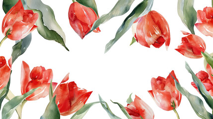 Frame of watercolor elegant bright tulips flowers - AI Generated