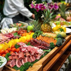 People Group Catering Buffet Food Indoor In Restaurant With Meat Colorful Fruits And Vegetables