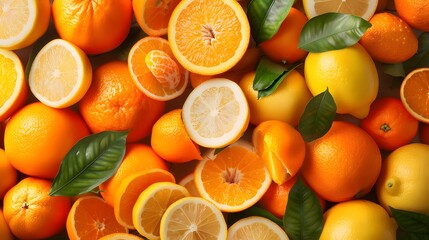 Summer fruit background. Oranges and lemons
