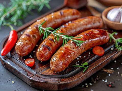 Sausage on a wooden tray. AI generative.