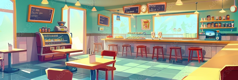 Wall mural Fast food restaurant interior concept in modern animation style