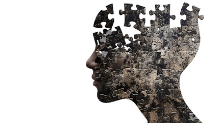  human head profile with jigsaw puzzle pieces falling, flying away on white background. Concept of brain disease and mental illness. 3D rendering - obrazy, fototapety, plakaty