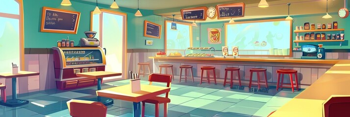 Fast food restaurant interior concept in modern animation style