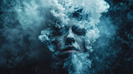 mental health awareness , a man in depression with smoke background, Self care, love, acceptance concept.Mental health issue, feeling of frustrated, anxiety, 13 may,  - obrazy, fototapety, plakaty