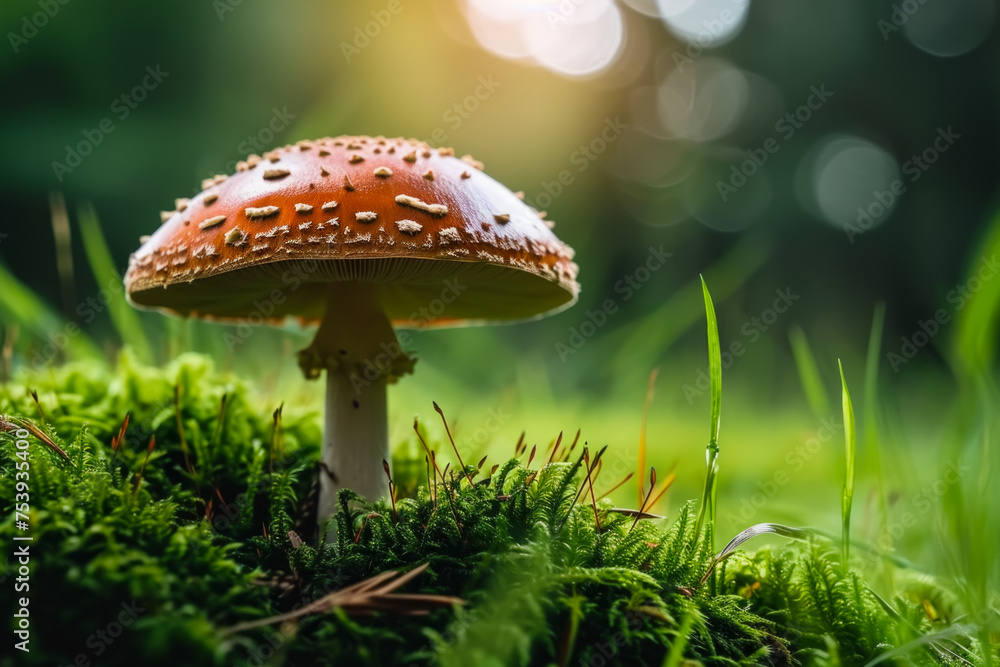 Poster fly agaric in the forest. background with selective focus and copy space