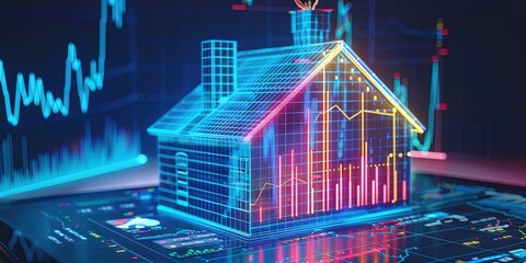 Wireframe house hologram on smartphone screen, augmented reality and real estate concept for mortgages, insurance, and foreclosures