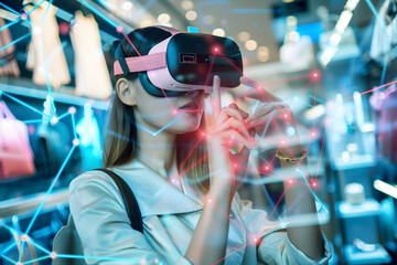 Metaverse futuristic concept, a woman using virtual reality headset to shop online. - 753935616