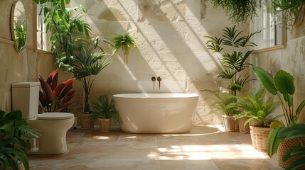 Fototapeta na wymiar Interior of light bathroom with ceramic toilet bowl and houseplants