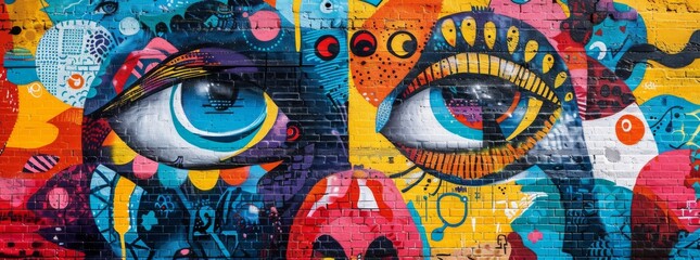 Colorful graffiti mural on brick wall featuring abstract eyes and playful patterns in a vivid display of urban street art.