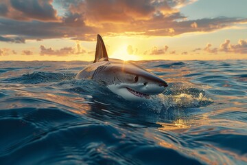 A shark is swimming in the ocean with the sun setting in the background