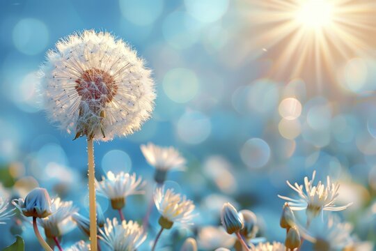 A dandelion is the main focus of the image, surrounded by other flowers