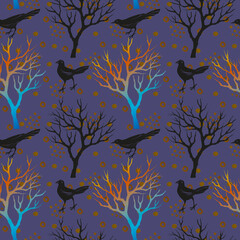 Halloween seamless pattern with leafless trees, and birds. Hand drawn sketch style. Black birds. Colorful illustration. - 753936453