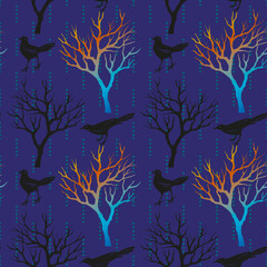 Halloween seamless pattern with leafless trees, and birds. Hand drawn sketch style. Black birds. Colorful illustration. - 753936463