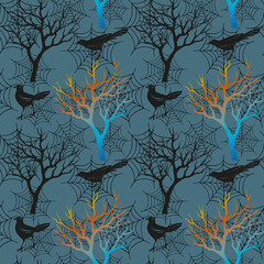 Halloween seamless pattern with leafless trees, and birds. Hand drawn sketch style. Black birds. Colorful illustration. - 753936475