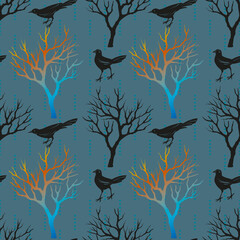 Halloween seamless pattern with leafless trees, and birds. Hand drawn sketch style. Black birds. Colorful illustration. - 753936479