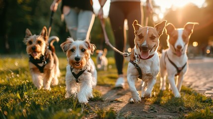 Professional Dog Walkers. Dog Walking Business, Services. Professional Dog Walker, Pet Sitter Walking With Different Breed And Rescue Dogs On Leash At City Park