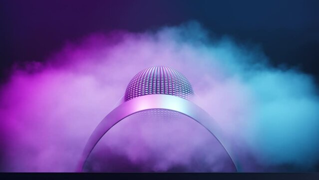 Animated art metallic geometrical components rotate in a stream of mist in brightly lamps for templates, banners, posters. 4k loopable footage with motion elements. Three-dimensional stock video.