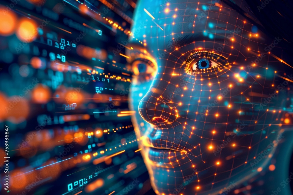 Poster a woman's face is shown in a computer screen with a lot of numbers and lines